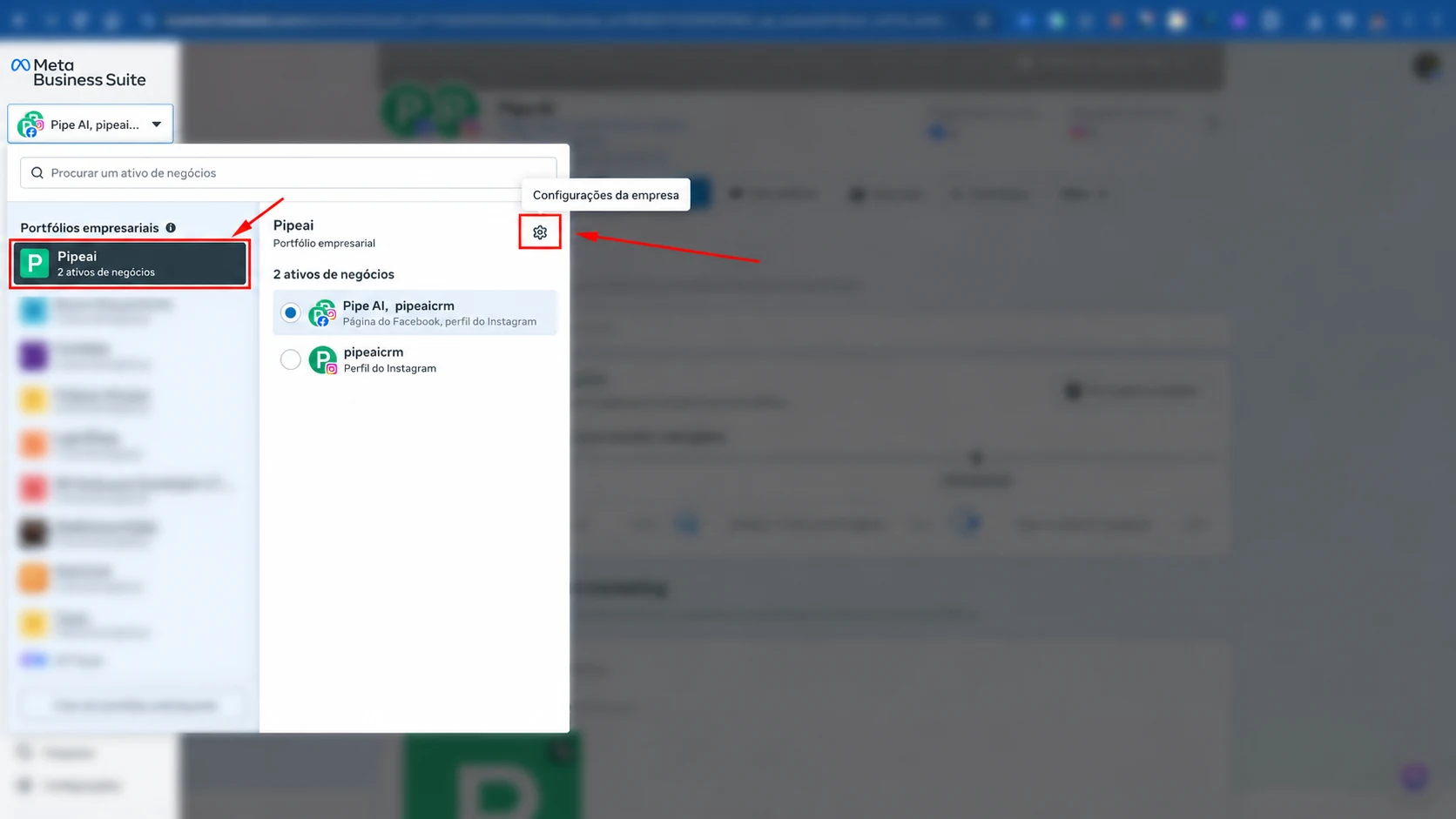 Seletor de ativos do Meta Business Suite aberto, com o portfólio empresarial selecionado e a engrenagem de Configurações da empresa destacada