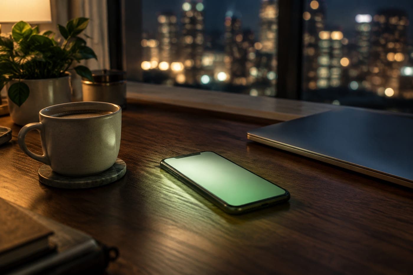 Celular sobre uma mesa de madeira à noite, com a tela iluminada em verde por uma mensagem recém-chegada