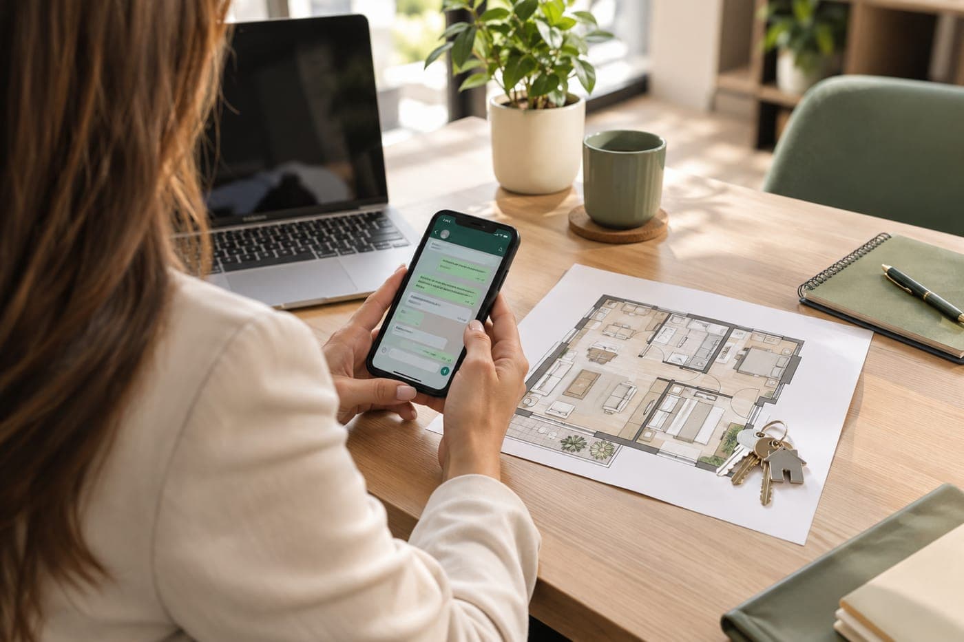 Corretor atendendo um lead pelo WhatsApp, com a planta do apartamento sobre a mesa