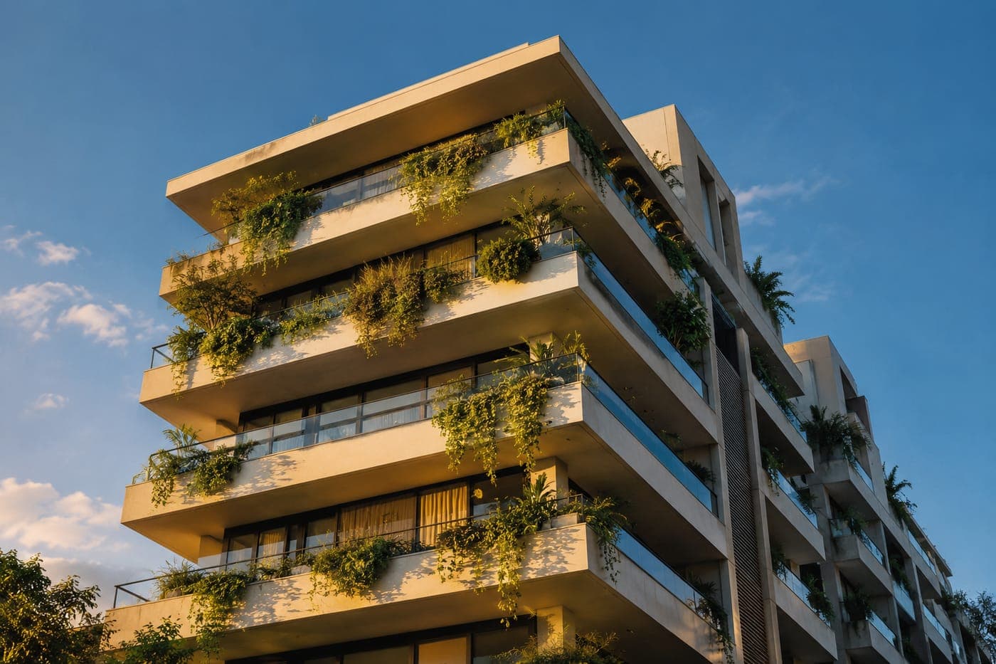 Fachada de um edifício residencial moderno ao entardecer